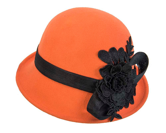 Orange felt cloche hat with lace by Fillies Collection - Hats From OZ