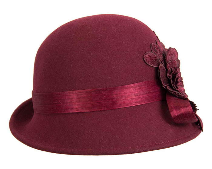 Burgundy wine felt cloche hat with lace by Fillies Collection - Hats From OZ