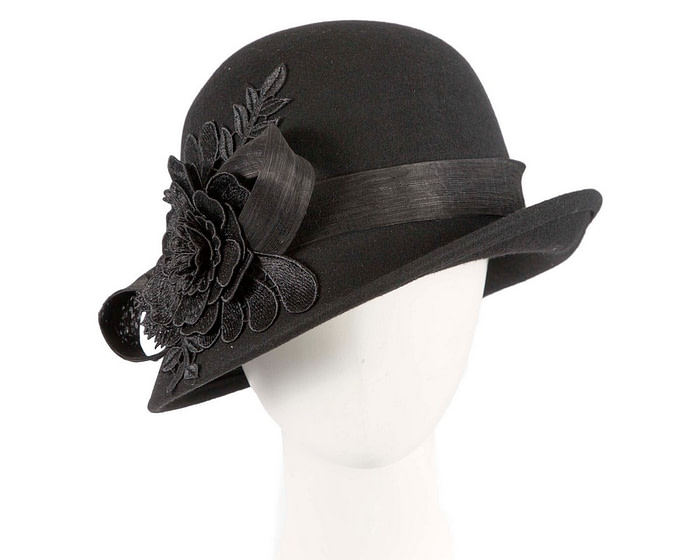 Black felt cloche hat with lace by Fillies Collection