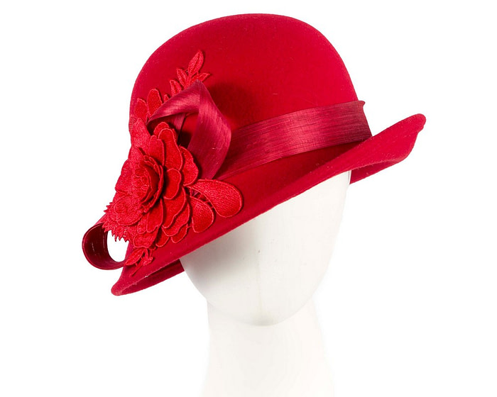 Red felt cloche hat with lace by Fillies Collection - Hats From OZ