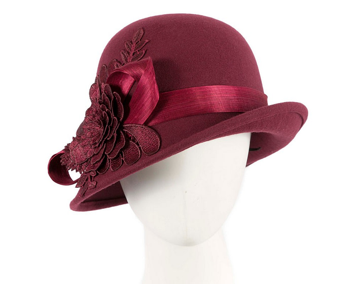 Burgundy wine felt cloche hat with lace by Fillies Collection