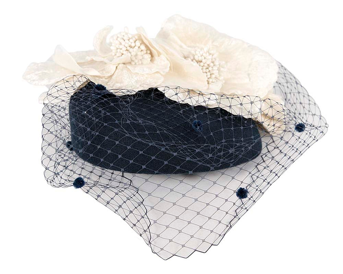 Navy cream felt pillbox with flower and veiling for winter racing - Image 4