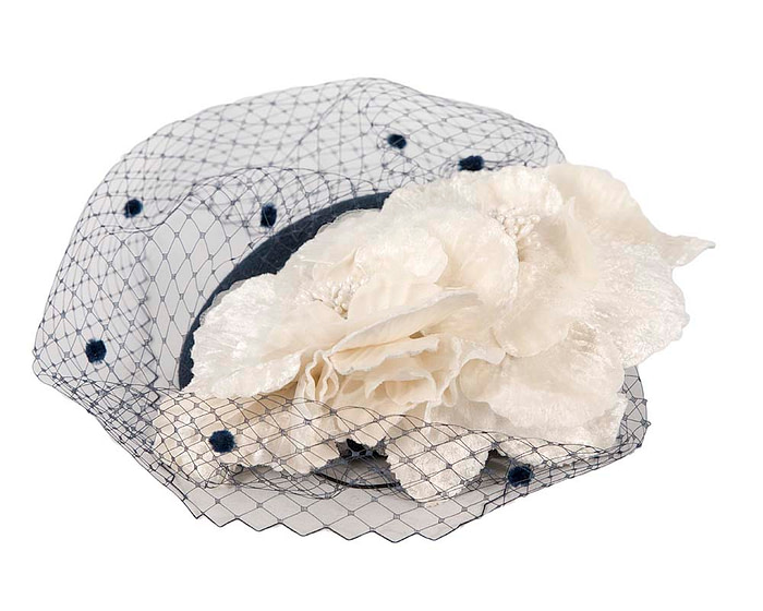 Navy cream felt pillbox with flower and veiling for winter racing - Image 3