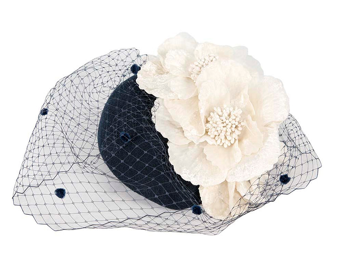 Navy cream felt pillbox with flower and veiling for winter racing - Image 2