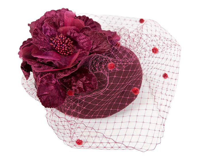 Burgundy winter racing felt pillbox with flower and veiling by Fillies Collection - Image 5