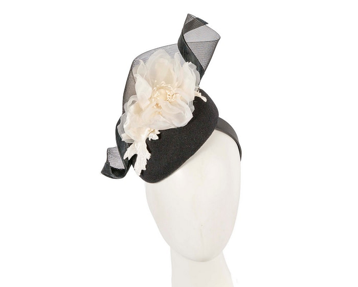 Black winter pillbox fascinator with white flower