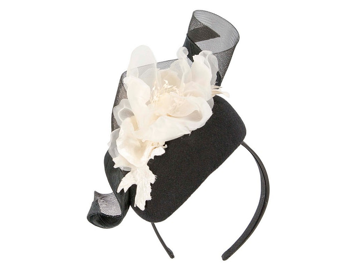 Black winter pillbox fascinator with white flower - Image 2