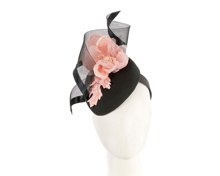 Black winter pillbox fascinator with pink flower