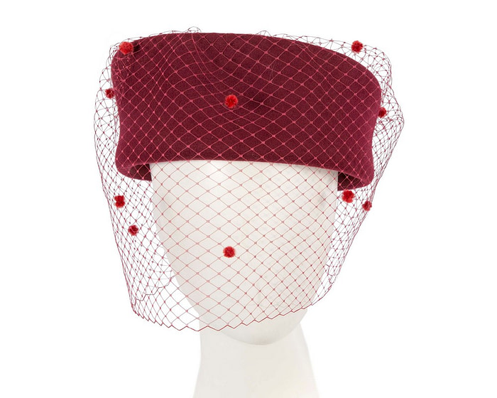 Large burgundy beret hat with face veil by Fillies Collection