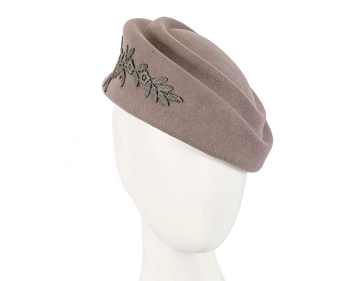 Large grey felt beret hat with lace