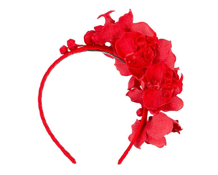 Red orchid flower headband fascinator - Image 4