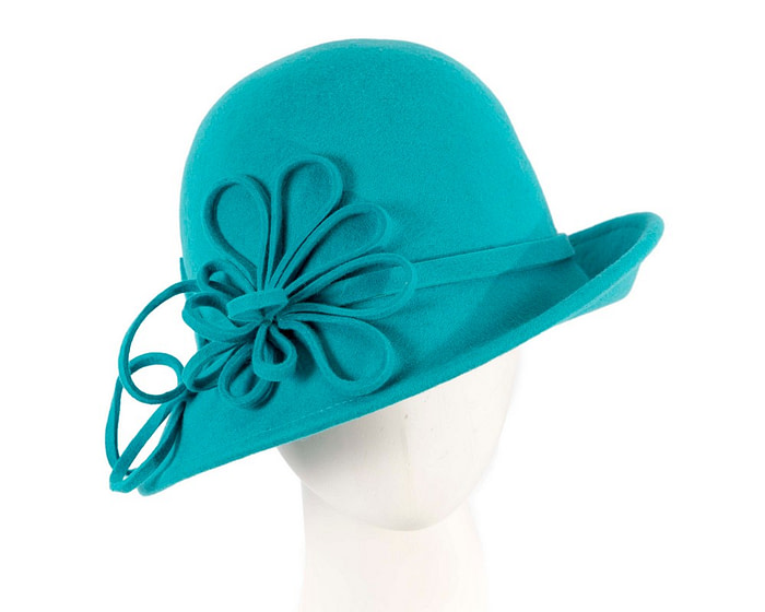 Turquoise felt winter hat with flower by Max Alexander