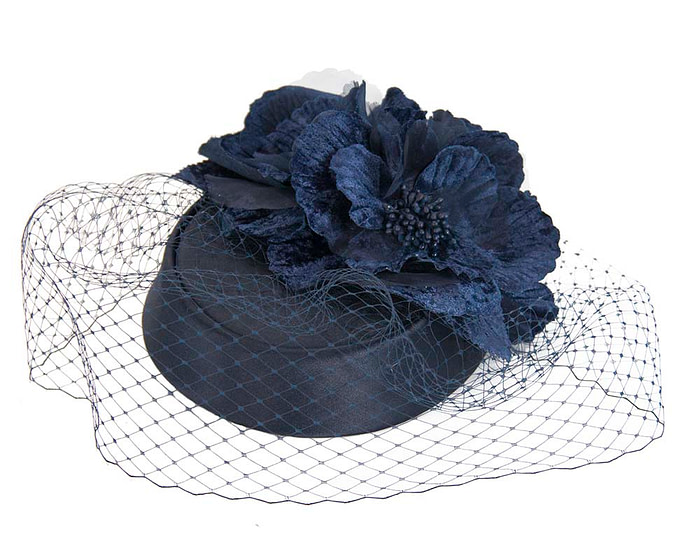 Custom made navy pillbox hat with flowers & face veiling - Image 2