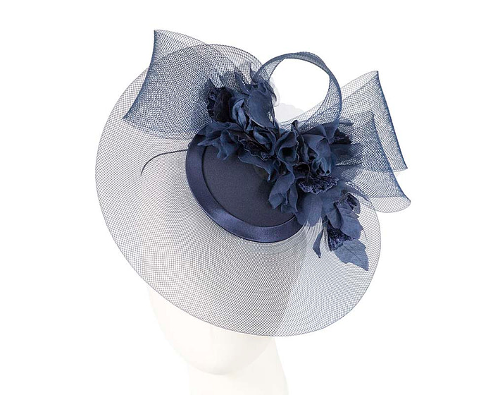 Custom made navy cocktail hat with flowers