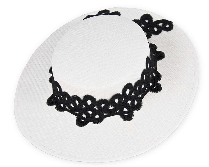 White & Black boater hat with lace - Image 2