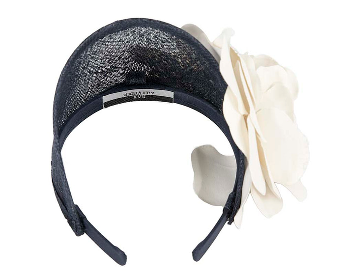 Wide navy and cream leather rose headband fascinator by Max Alexander - Image 4