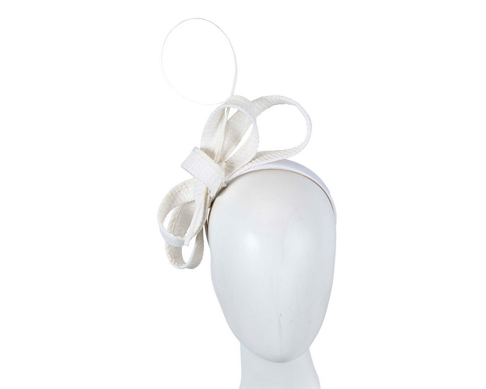 White loops and feather fascinator by Max Alexander