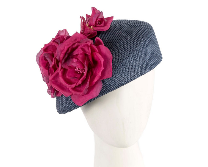 Modern navy beret hat with fuchsia flowers by Max Alexander