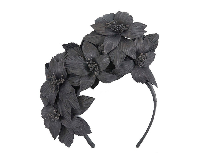 Black sculptured flower headband fascinator by Fillies Collection - Image 2