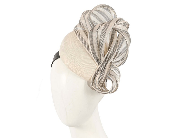 Cream pillbox fascinator with stripy silk abaca bow by Fillies Collection