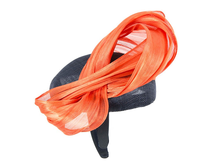 Navy pillbox fascinator with orange silk abaca bow by Fillies Collection - Image 3