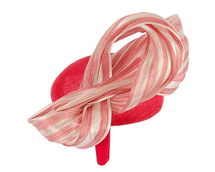 Red pillbox fascinator with stripy silk abaca bow by Fillies Collection - Image 3