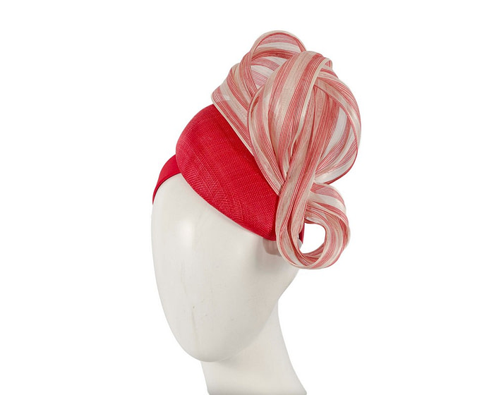 Red pillbox fascinator with stripy silk abaca bow by Fillies Collection