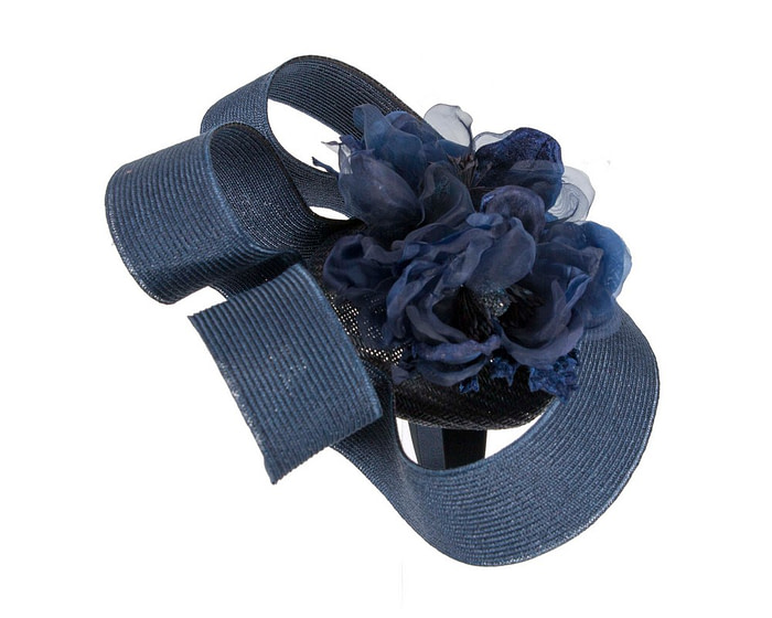 Large navy fascinator with flower by Fillies Collection - Image 4