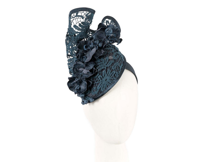 Navy lace covered pillbox fascinator