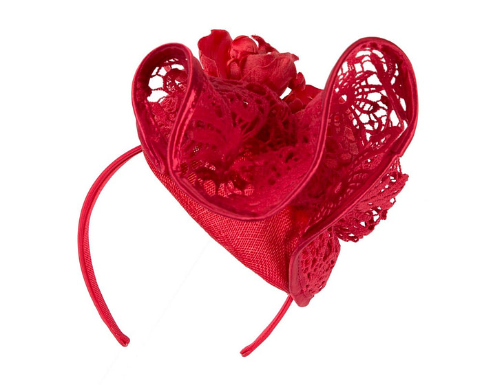 Red lace covered pillbox fascinator - Image 6