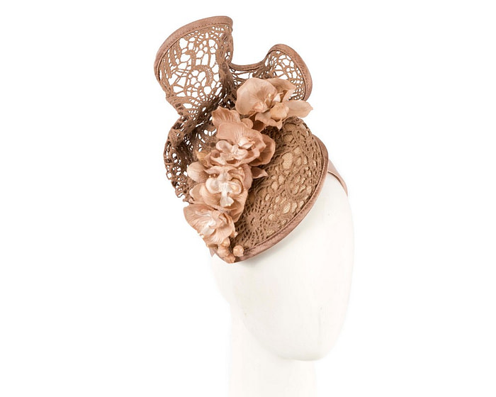 Taupe lace covered pillbox fascinator