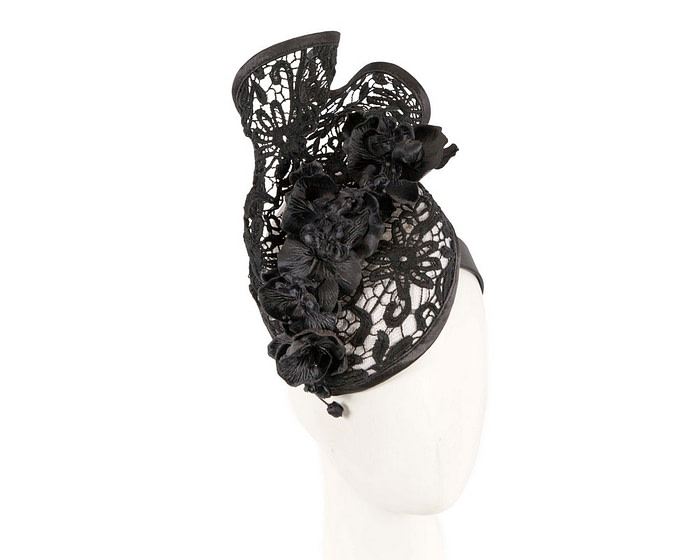 White & black lace covered pillbox fascinator