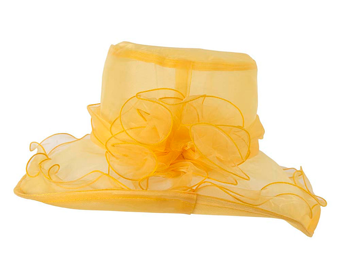 Large Yellow Organza Racing Hat with flower - Image 6