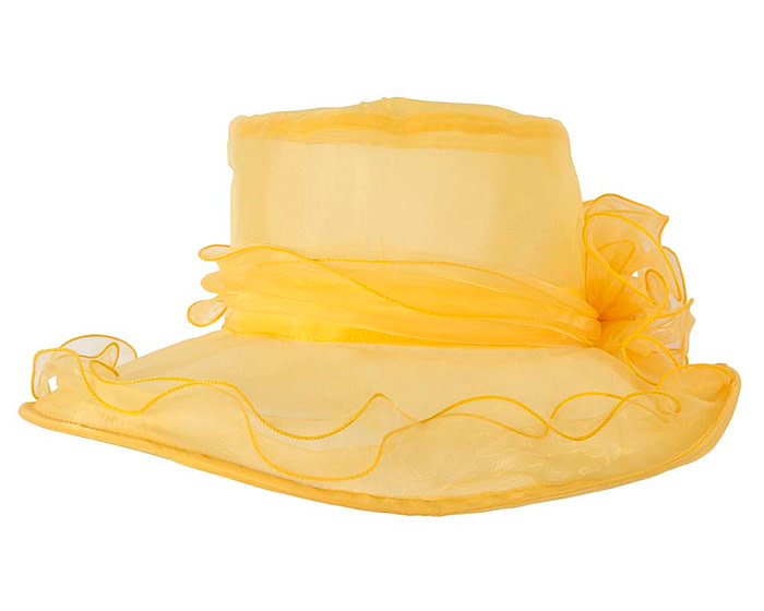 Large Yellow Organza Racing Hat with flower - Image 3