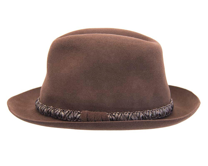 Brown unisex rabbit fur fedora hat with leather trim - Image 3