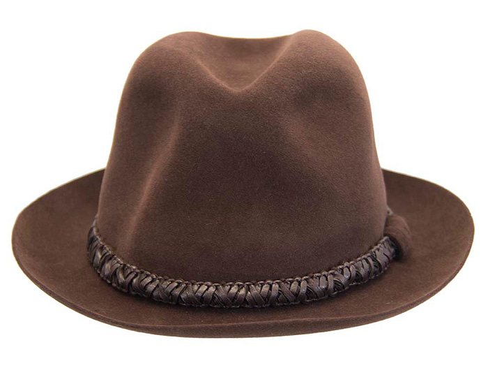 Brown unisex rabbit fur fedora hat with leather trim - Hats From OZ