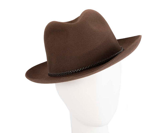 Brown unisex rabbit fur fedora hat, leather trim & buckle