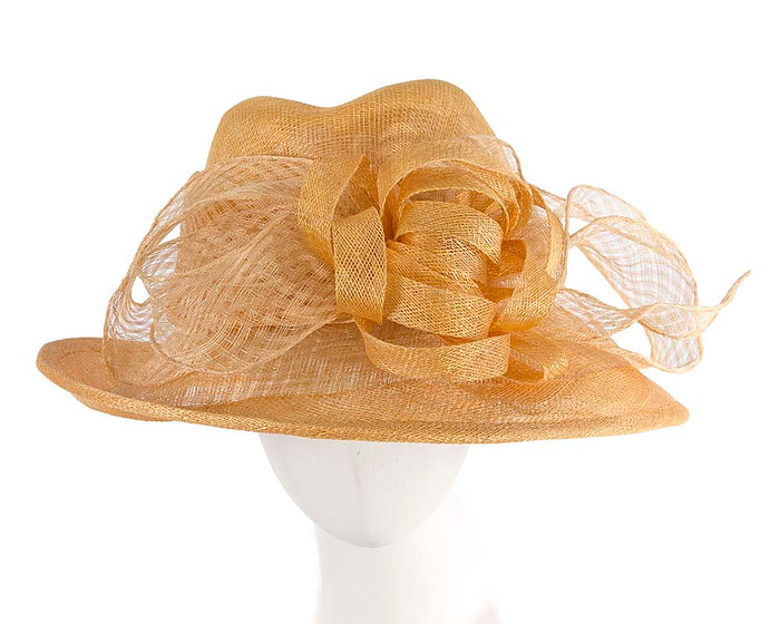 Gold sinamay hat by Cupids Millinery