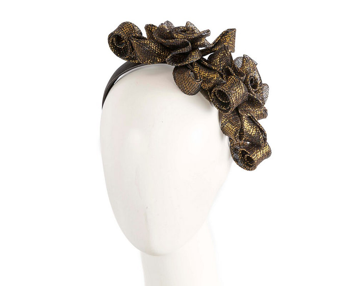 Black & gold curly sinamay fascinator by Max Alexander