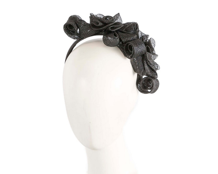 Black curly sinamay fascinator by Max Alexander