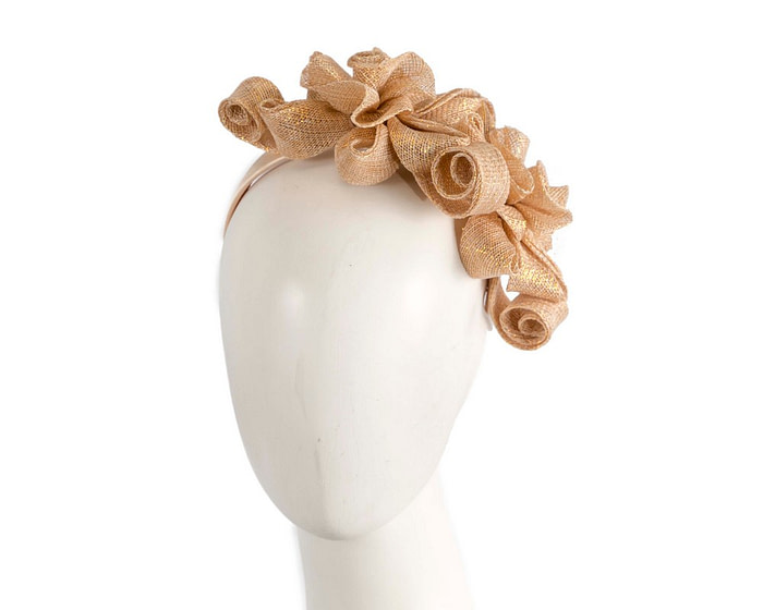 Gold curly sinamay fascinator by Max Alexander