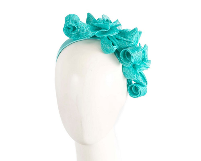 Aqua curly sinamay fascinator by Max Alexander