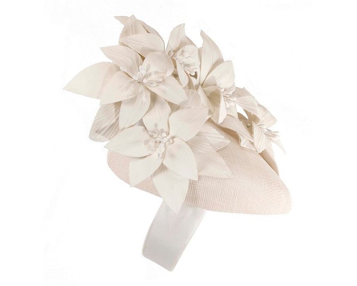 Cream pillbox with leather flowers by Fillies Collection - Hats From OZ