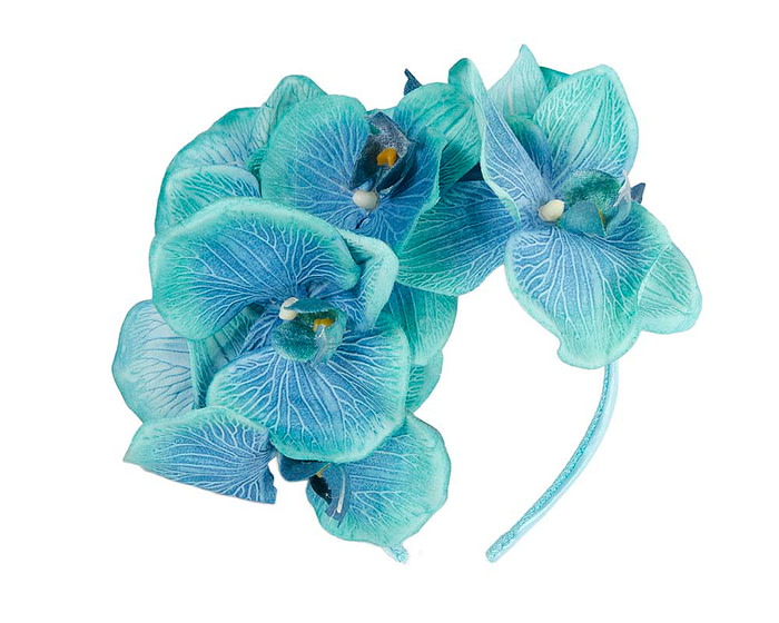 Bespoke aqua orchid flower headband by Fillies Collection - Image 2