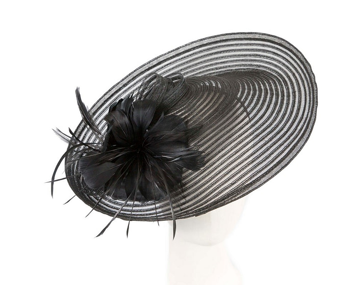 Large black fascinator with feather flower - Hats From OZ