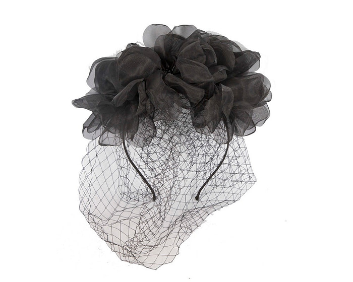 Black flower headband with face veil by Max Alexander - Image 2