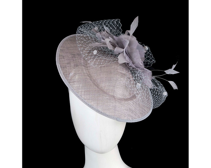 Silver sinamay fascinator with flower and veil