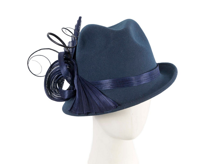 Navy ladies winter fashion felt fedora hat by Fillies Collection F686