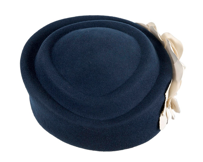 Large navy & cream felt beret with leather flower - Image 4