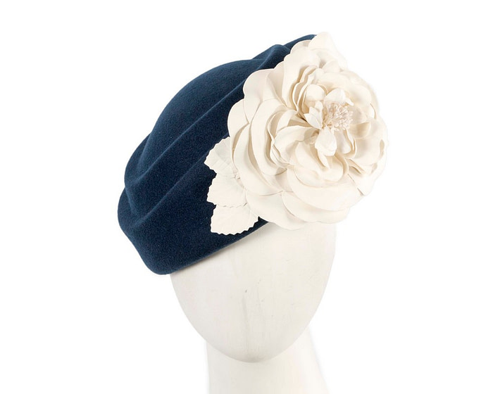 Large navy & cream felt beret with leather flower